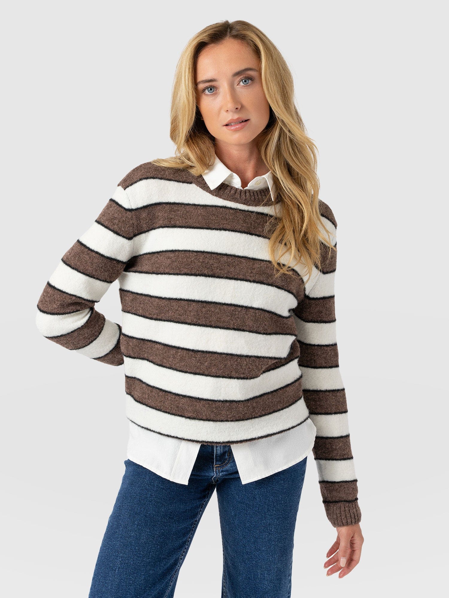 Azura Knit Jumper - Brown Stripe - Women's Knitwears | Saint + Sofia® UK